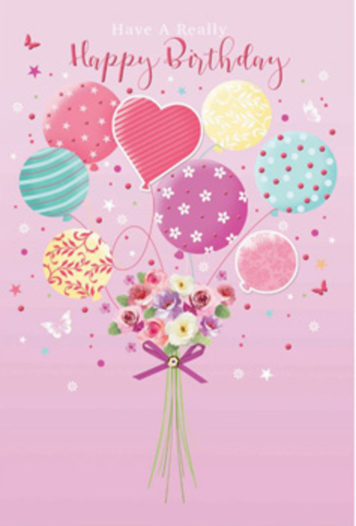 In this imaginative birthday scene, a bouquet of balloons and flowers hovers in the air with the same gentle energy you might feel strolling through Chiswick House gardens on a mild spring afternoon. The background is a smooth, powdery pink, creating a calm canvas that allows each detail to shine. A loose cluster of balloons rises from the centre, painted in soft pastels-whisper-pink, sea-foam green, pale lemon, and lilac. Some balloons are adorned with candy-like stripes that curl gracefully, others with neat polka dots that seem to bounce, and a few with delicate floral shapes and swirling lines. Together, they form a playful canopy above a petite hand-tied bouquet. At the base, gathered stems support a mix of fresh-looking blooms: small roses, daisy-inspired flowers, and anemone-style blossoms in cream, blush, and gentle mauve. Their petals appear velvety and full, almost touchable, arranged as though by an attentive florist who knows how to balance colour and space. A sparkling violet bow wraps around the stems, its satin texture catching the imagined light, adding a final flourish of birthday charm. Scattered around are tiny stars and butterfly silhouettes, which hint at movement and give the design a dreamy, almost storybook quality. The whole composition feels like a snapshot of joy held in mid-air, perfectly suited to a birthday greeting destined for someone in Chiswick who loves soft colours, thoughtful details, and celebrations that feel both modern and tenderly nostalgic.
