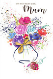 This Mother's Day card presents a vibrant, hand-painted bouquet that seems to leap from the page like fresh flowers arriving at a doorstep off Chiswick Lane. The arrangement is rendered in fluid watercolour, with lush purples, lively pinks, and rich reds brushing against softer pools of blue and lavender. Each bloom is loosely defined by indigo lines, giving the impression of petals in motion, as though stirred by a gentle breeze drifting off the Thames. Fine gold accents trace around selected petals and leaves, catching the imagined light and lending the illustration a subtle, celebratory shimmer. The bouquet rises from a simple, rounded vase, its contour lightly sketched and finished with an elegant golden bow that hints at the careful ribbon-tying ritual just before a bouquet leaves the florist's workbench. All around the flowers, scattered specks of colour and playful heart shapes dot the white background, calling to mind petals falling on the paths through Chiswick House and Gardens after a springtime visit. The palette is bright yet balanced, with each hue thoughtfully layered so the overall effect feels warm, affectionate, and gently uplifting. The card captures that special mix of excitement and tenderness that surrounds Mother's Day, transforming a painted bouquet into a quiet promise of gratitude, perfect for children of every age sending love across Chiswick and the surrounding streets.