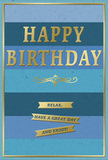 The birthday card in this image presents a harmonious blend of cool blue tones and gentle gold details, creating a feeling of peaceful celebration that would suit a relaxed gathering in Chiswick. Its background is composed of wide, soft-edged horizontal stripes that move from a dark navy base through medium denim and teal into a pale, almost misty blue at the top, echoing the layered hues of the sky over Bedford Park at dusk. Centered against these tranquil blues is the message HAPPY BIRTHDAY, set in tall, embossed gold capital letters, each stroke slightly raised and gleaming when the light touches it, giving the impression of thoughtful craftsmanship. Directly beneath the main greeting, a graceful golden flourish curves in a traditional scroll-like pattern, acting as a visual bridge between the bold statement above and the more intimate sentiment below. Three slender gold ribbons, arranged one under another, carry the line: Relax, have a great day and enjoy!-each word spaced to feel like a gentle reminder to slow down. A narrow, precise gold border runs around the card's outer edge, framing the blues and metallic accents with quiet sophistication. The card stock looks smooth and velvety, with the embossed gold adding subtle texture where fingers might naturally rest. The overall mood is calm, kind, and quietly festive, perfect to accompany a simple birthday bouquet delivered to a loved one in Chiswick, turning an ordinary moment into something a little more memorable and soothing.